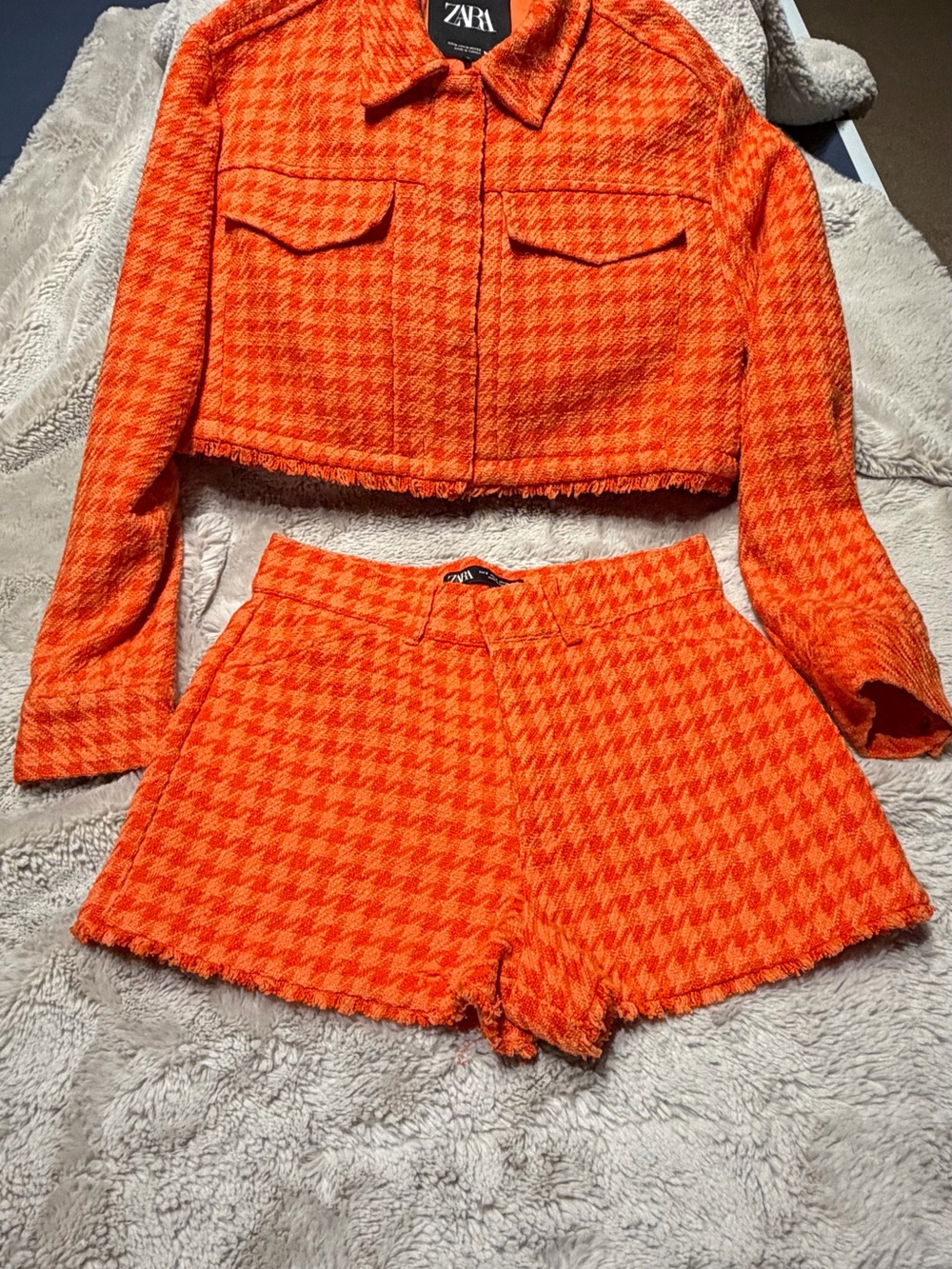 Zara Orange Houndstooth High-Waist Shorts Set